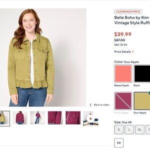 Belle Boho by Kim Gravel Ruffle Stretch Denim Jacket, Size 2X Apple Green